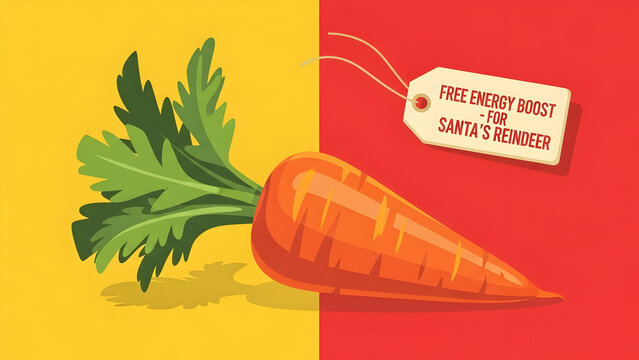 Colorful illustrated carrot with leafy greens and seasonal energy boost message on a split yellow and red background