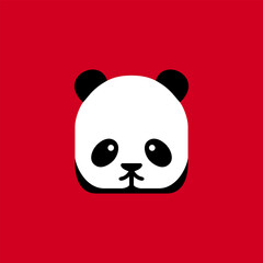 Cute minimalist panda face icon with black and white shapes on red background, modern flat design