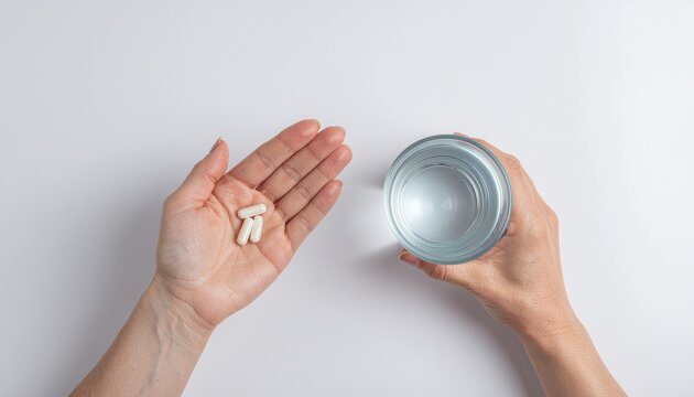 A person's hand holding two white capsules next to a glass of water, ready to take medication.
