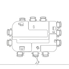 conference room table top view with office chairs and devices in minimalist continuous line drawing ideal for business presentation layouts