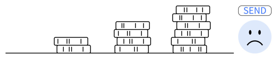 Financial issues. Stacks of coins show financial progression, but a sad face suggests stress and challenges. Financial issues, wealth management, and economic struggles. For finance, budgeting