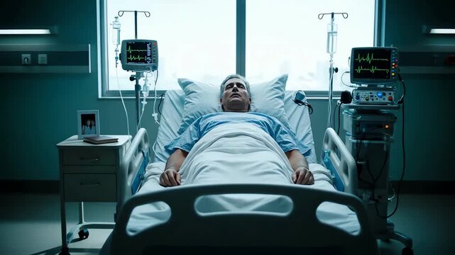 A critically ill elderly patient lying unconscious in a hospital bed surrounded by medical equipment