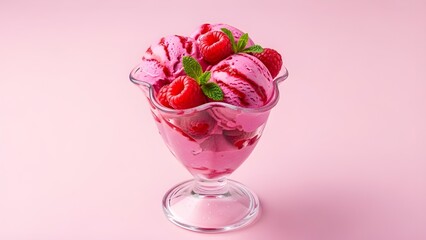 Fresh Raspberry Ice Cream in Glass Cup on Pink Background With Raspberries