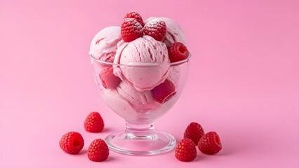 Fresh Raspberry Ice Cream in Glass Cup on Pink Background With Raspberries