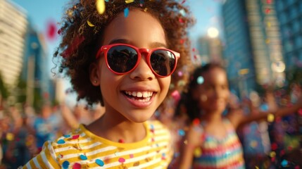 Smiling girl in red sunglasses surrounded by confetti during a lively outdoor celebration, radiating joy and vibrant festive energy