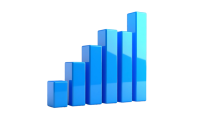Blue 3D bar chart rising upwards, showing increasing values, against a black background