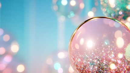 Pastel abstract bubble filled with glitter and soft shimmering bokeh, creating a dreamy and luminous visual atmosphere