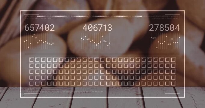 White HUD fading in over blurred buns, readouts updating, grid scanning, showing bakery metrics