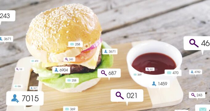 Search icon appearing, sesame burger anchoring as callouts popping and clustering, showing stats