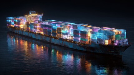 Container ship, luminous cargo blocks forming abstract patterns, 3D illustration.