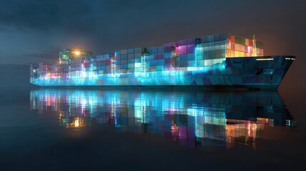 Container ship, luminous cargo blocks forming abstract patterns, 3D illustration.