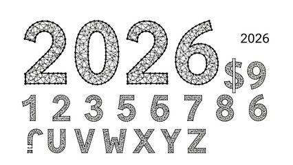 Geometric wireframe numbers and letters set isolated on white background