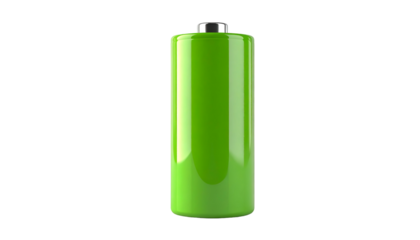 A glossy green cylindrical battery against a stark black background