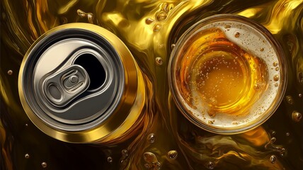 Sparkling beverage cans with splash in golden light. AI image