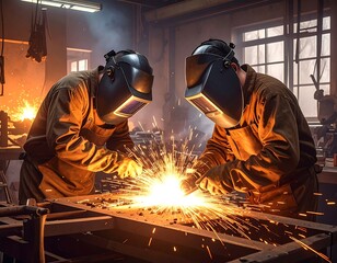 Two welders work on metal; sparks fly in a workshop setting with warm lighting and visible tools