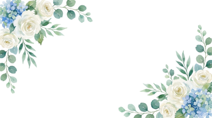 Watercolor White Rose and Blue Hydrangea Flower Border with Green Eucalyptus Leaves, Elegant Wedding Invitation Background.
