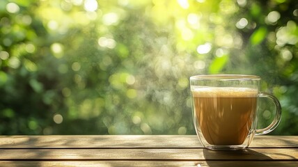 Coffee mug on rustic table against lush greenery. AI image