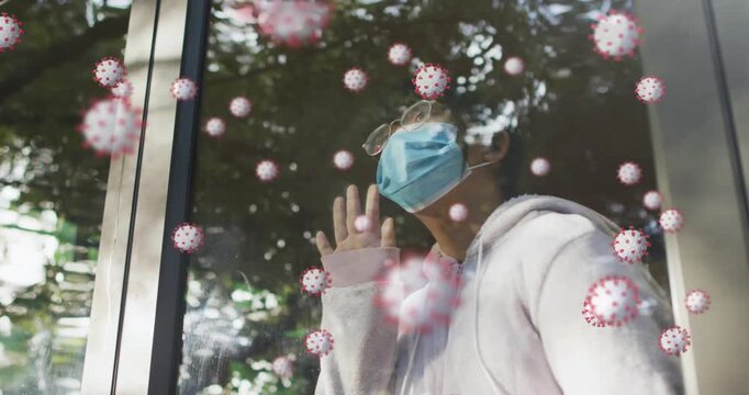 Student pressing palm on glass, virus overlays appearing and leading gaze to trees for health