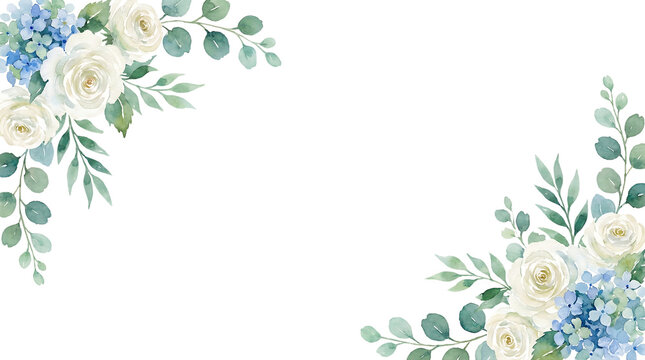Watercolor White Rose and Blue Hydrangea Flower Border with Green Eucalyptus Leaves, Elegant Wedding Invitation Background.