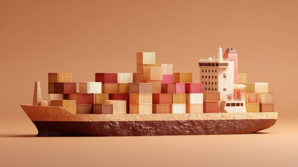 Obraz premium Container ship, soft clay-style cargo shapes in warm tones, 3D illustration. 