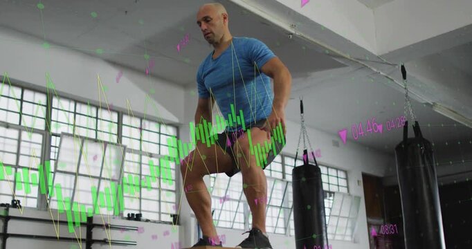 Male athlete approaching plyo box, swinging arms starting jumps for fitness, HUD waves timing reps
