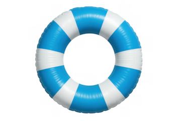 Blue and white striped inflatable swimming ring representing summer fun, safety, and vacation leisure on a transparent background