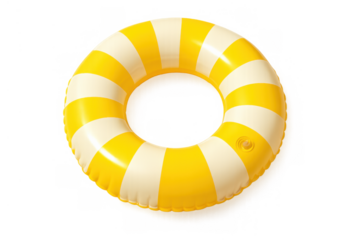 Yellow and white striped inflatable swim ring for summer water fun and beach vacation relaxation with transparent background
