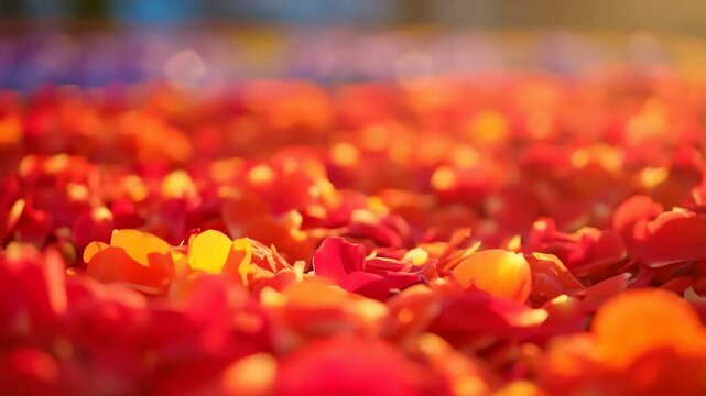 Serene close up view of a bed of red rose petals with a beautiful bokeh background and golden sunlight