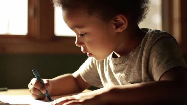 Focused mixed race boy writing with a blue pen near a sunny window, showcasing early education and creative learning concepts.