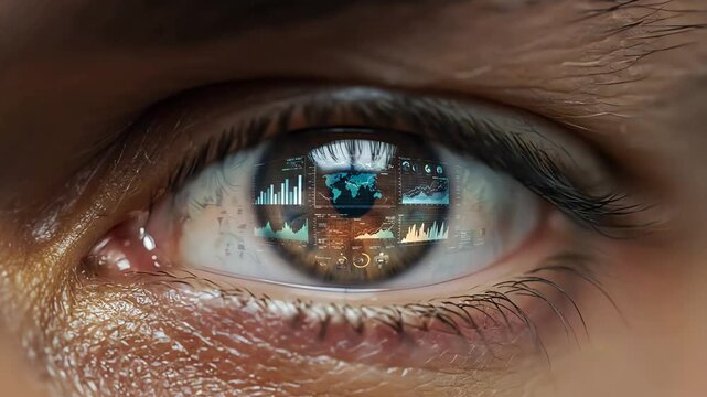Close up of a human eye reflecting a futuristic heads up display with global business data analytics and charts.