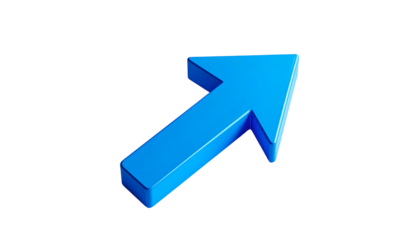 A 3D blue arrow pointing upwards and diagonally on a stark black background