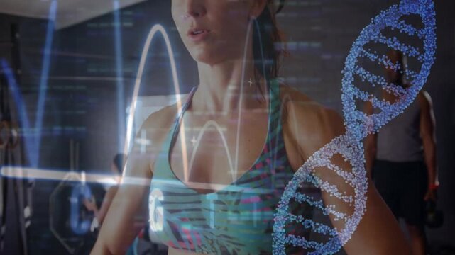 Camera rising, woman gripping bar, steadying for lift while DNA helix and charts animating over gym