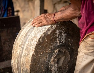Hands hold a large, weathered stone grinding wheel in a rustic setting, showcasing texture and wear