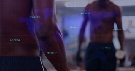 Front man gripping dumbbell curling for training partner mirroring blue overlay moving across scene