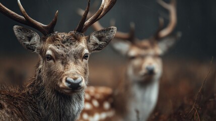 Fototapeta premium Majestic Stag Portrait with Blurry Companion in Atmospheric Setting