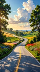 Curving road cuts through a vibrant, rolling landscape under a bright, sunlit, partly cloudy sky
