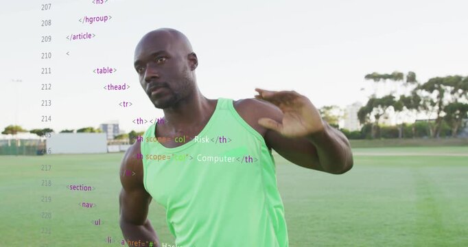 Adult man starting fitness by raising right-arm doing side bends while code overlay layering left