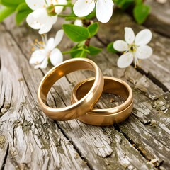 Two gold wedding rings on a rustic wooden surface with spring blossoms