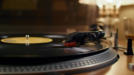 Macro shot of a vintage vinyl record player turntable spinning with the stylus tracking black grooves under warm cinematic lighting, illustrating a nostalgic audiophile music experience - Powered by Adobe