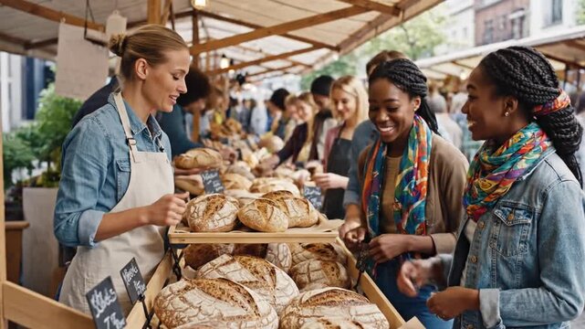Diverse Group at Outdoor Bakery Market Sampling Fresh Bread with Sunny Weather and Urban Setting with Light Background in Commercial Footage