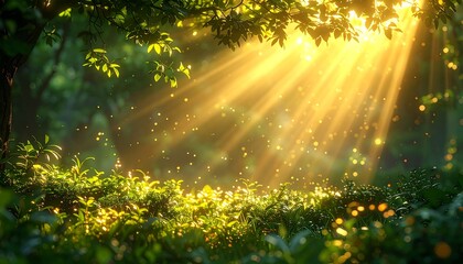 Sunlight filters through leaves in a dense forest, creating ethereal rays and illuminating the lush greenery below