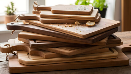 A pile of wooden cutting boards of various sizes and wood types stacked on a wooden surface. Some boards have bread crumbs or flour. Concept for cooking preparation, kitchenware display or natural.