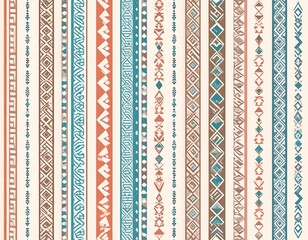 A light background featuring vertical stripes with abstract shapes and patterns in various brown and blue colors