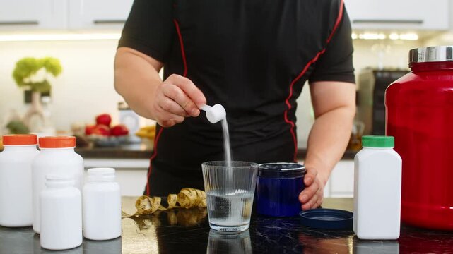 Sportsman pours scoop of supplement powder into glass of water in home kitchen. Concept of mixing electrolytes isotonic creatine glutamine bcaa slimming drink for fitness energy and muscle recovery.