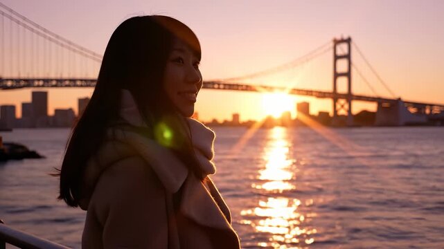 A young woman gazes at the setting sun, her hair blowing gently in the breeze by the waterfront. The bridge creates a stunning backdrop, enhancing the woman's peaceful moment of re