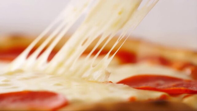 Macro close-up of a hot pepperoni pizza slice being lifted with a long, delicious melted cheese pull