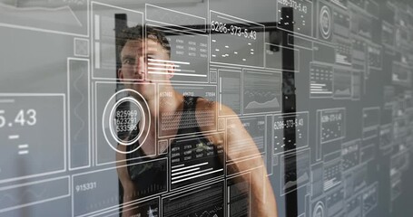 Man turning head into frontal stance near power rack in gym, HUD panels updating fitness metrics - Powered by Adobe