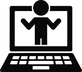 Black silhouette of a person on a laptop screen with open arms computer