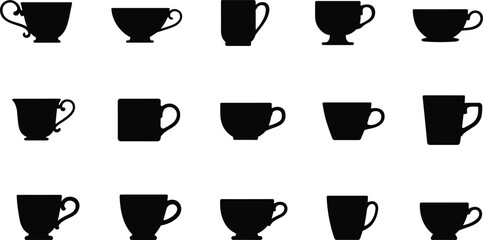 Collection of Black Silhouettes of Various Coffee and Tea Cups and Mugs coffee cup