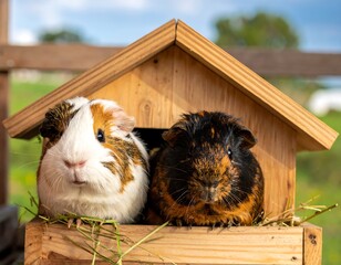 Two guinea pigs in a wooden house